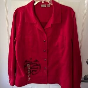Chicos red oriental shirt size 3. Very soft suede like fabric.